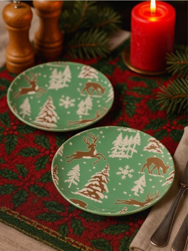 Sinsay - Sada 2 vianočných tanierov s motívom sobov - zelená