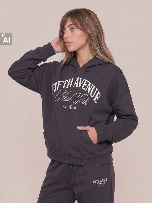 Sinsay - Hanorac loose fit cu imprimeu - gri-închis