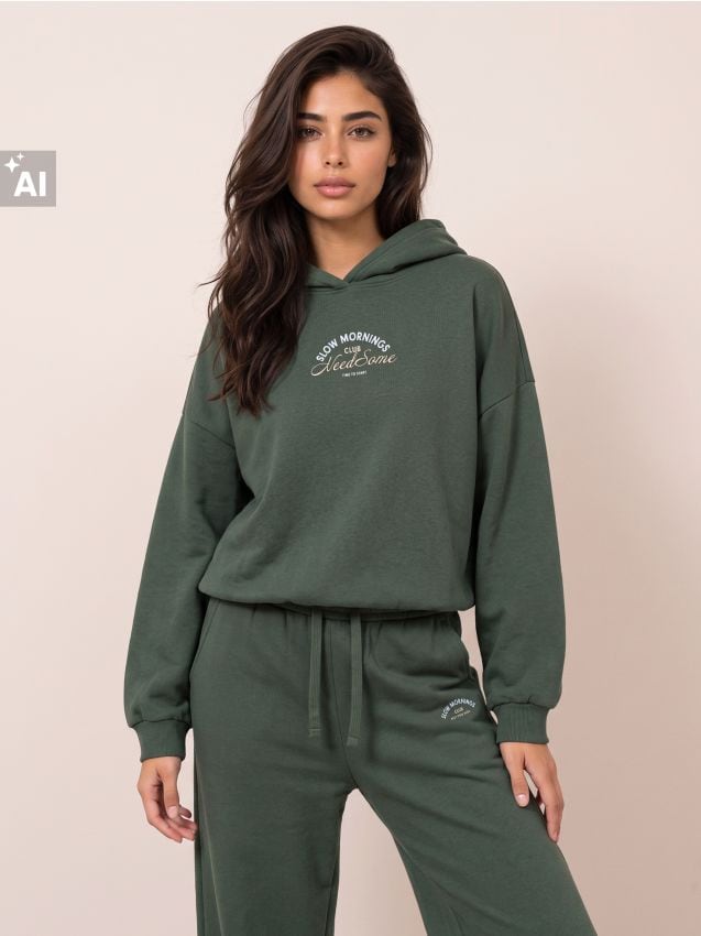 Sinsay - Hanorac tip hoodie cu inscripție - kaki