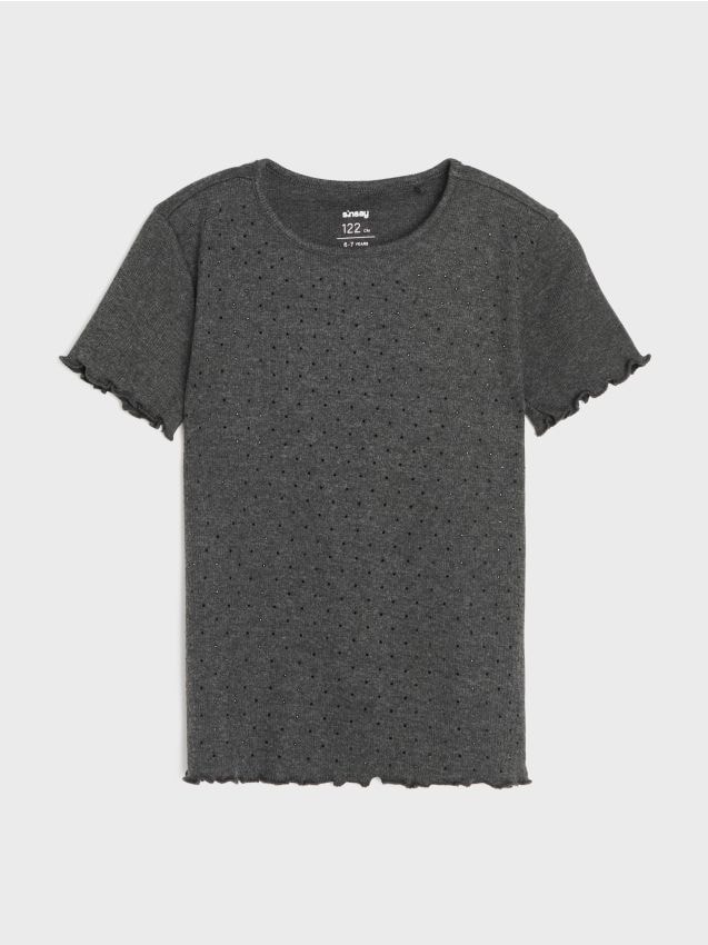Sinsay - Tricou cu strasuri decorative și volănaș cu bumbac - gri-închis