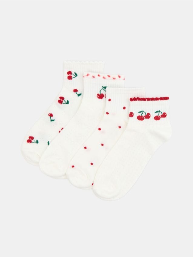 Sinsay - Șosete înalte cu motiv de cireșe 4 pack - crem