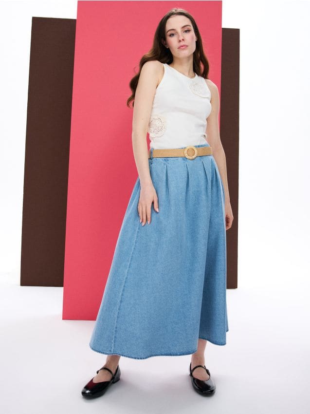 Sinsay - Jeansowa spódnica midi z paskiem - niebieski