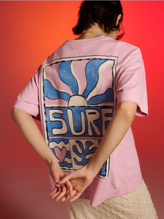 Sinsay - Bawełniana koszulka z napisem Surf - fioletowy