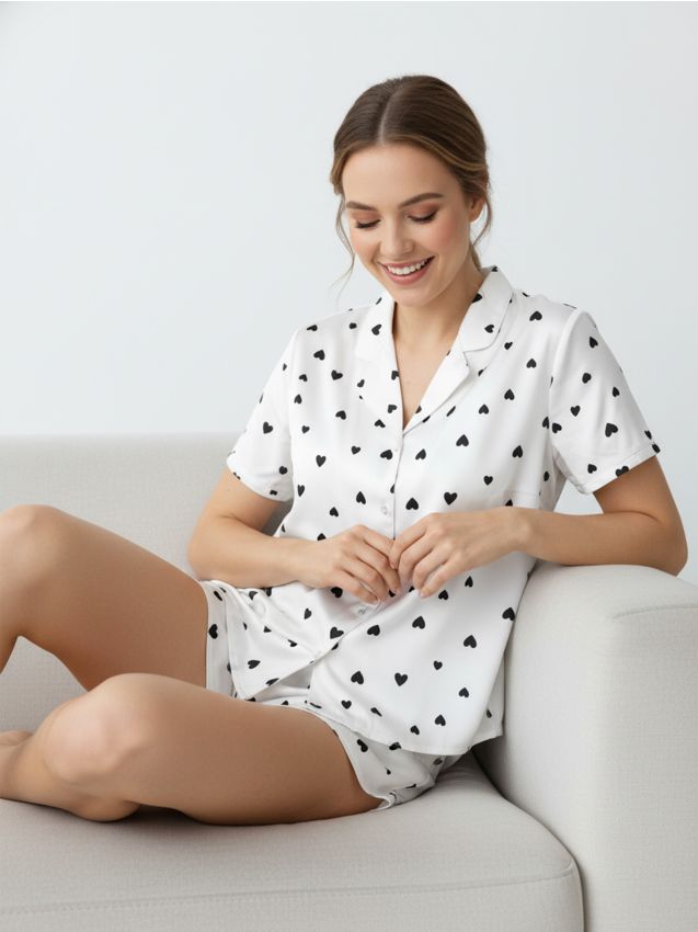 Sinsay - Pijama din două piese, cu inimioare - alb