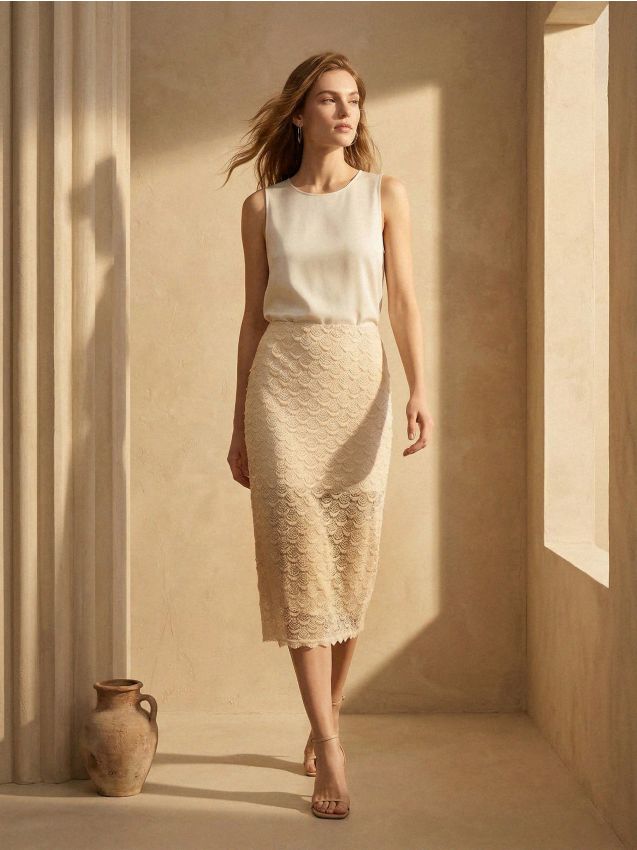 Sinsay - Fustă midi tip creion cu despicătură - bej