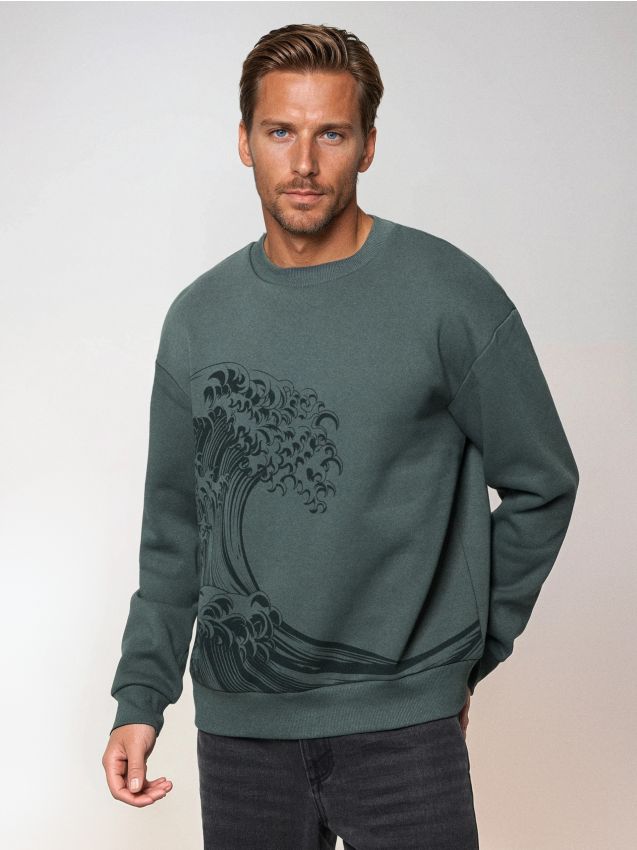 Sinsay - Bluză crewneck cu imprimeu - verde-prăfuit