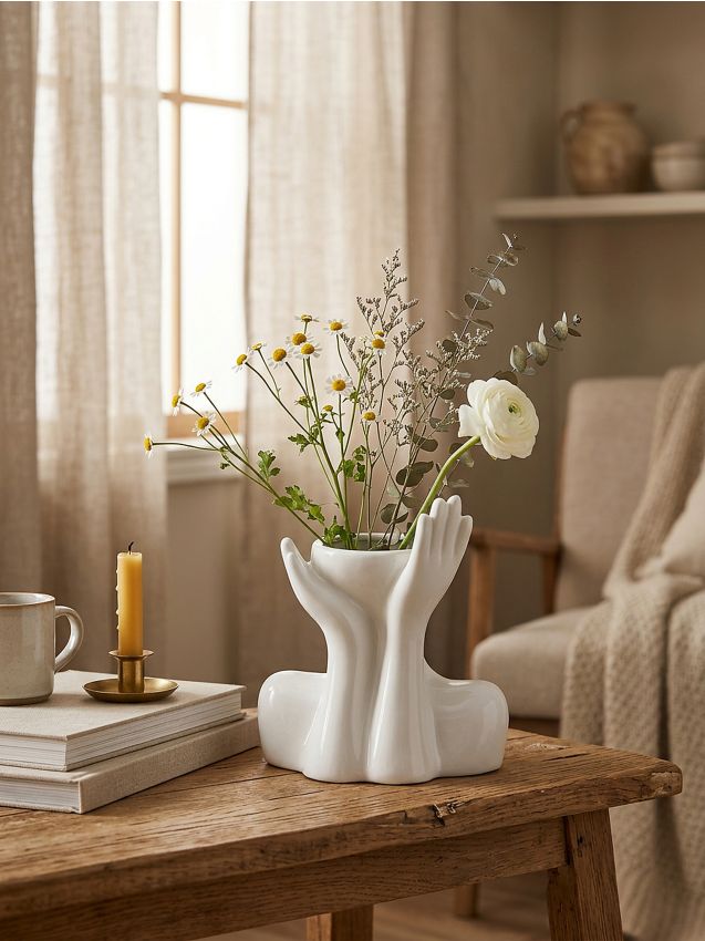 Vaso a forma di volto con mani - bianco