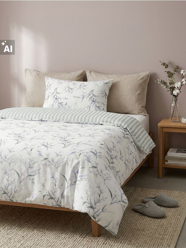 Sinsay - Set de lenjerie de pat reversibil cu model vegetal - crem