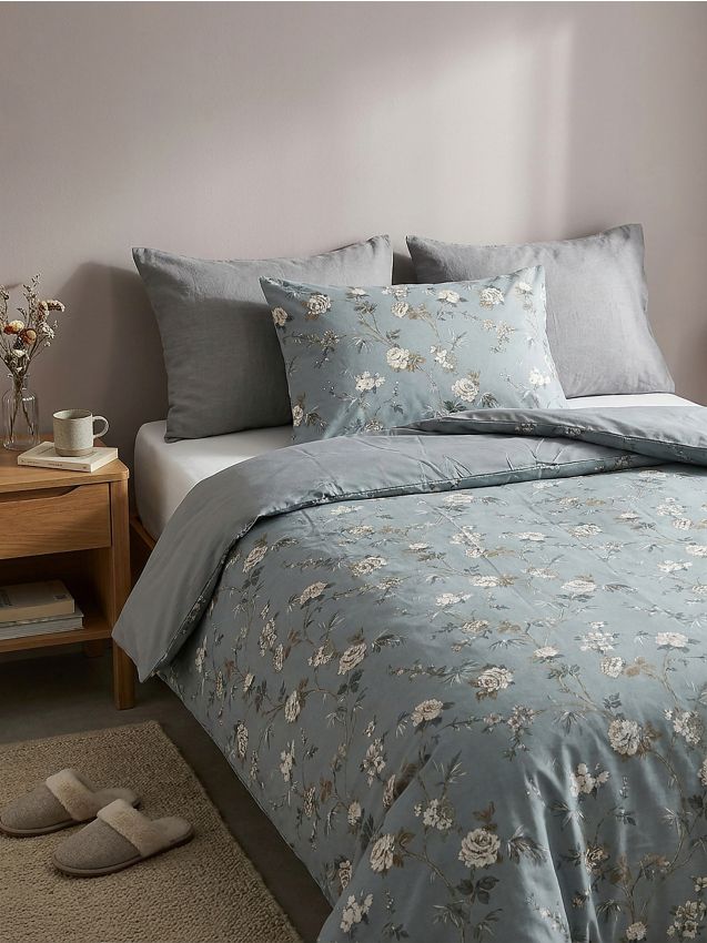 Sinsay - Set de lenjerie de pat reversibilă cu motiv floral - albastru metalizat