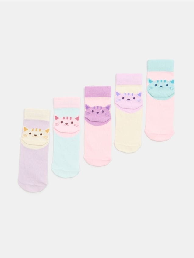 Sinsay - Set de șosete cu motiv de pisică, set de 5 perechi - roz-pastel