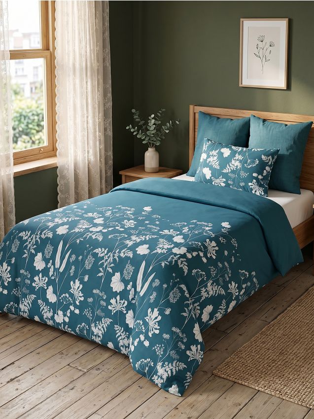 Sinsay - Set de lenjerie de pat cu motiv floral - albastru metalizat