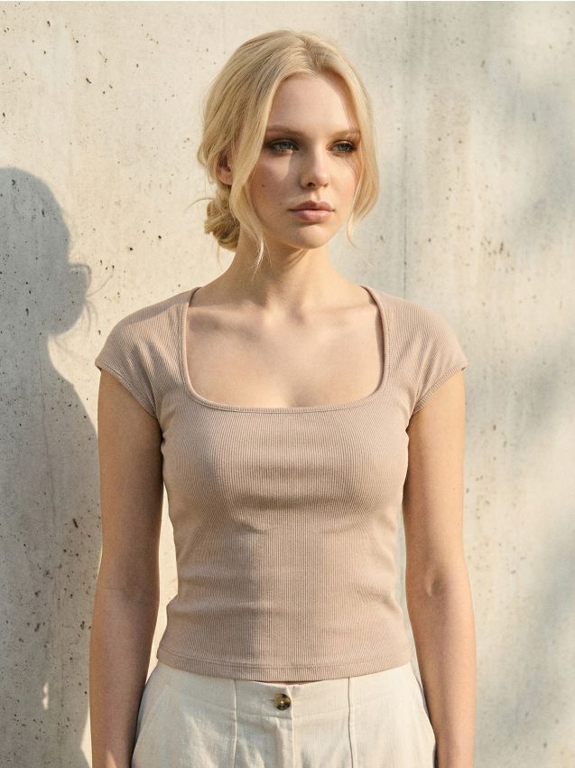 Sinsay - Tricou reiat cu mâneci kimono - bej