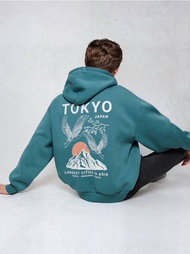 Sinsay - Bluza hoodie z nadrukiem - ciemny turkus