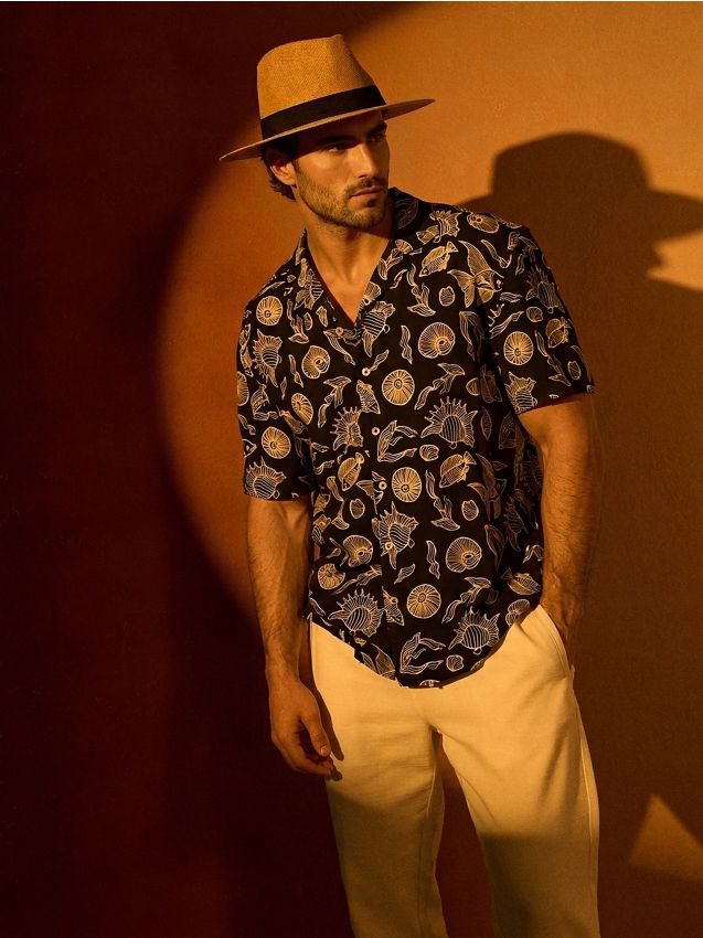 Sinsay - Wiskozowa koszula z motywem morskim - granatowy