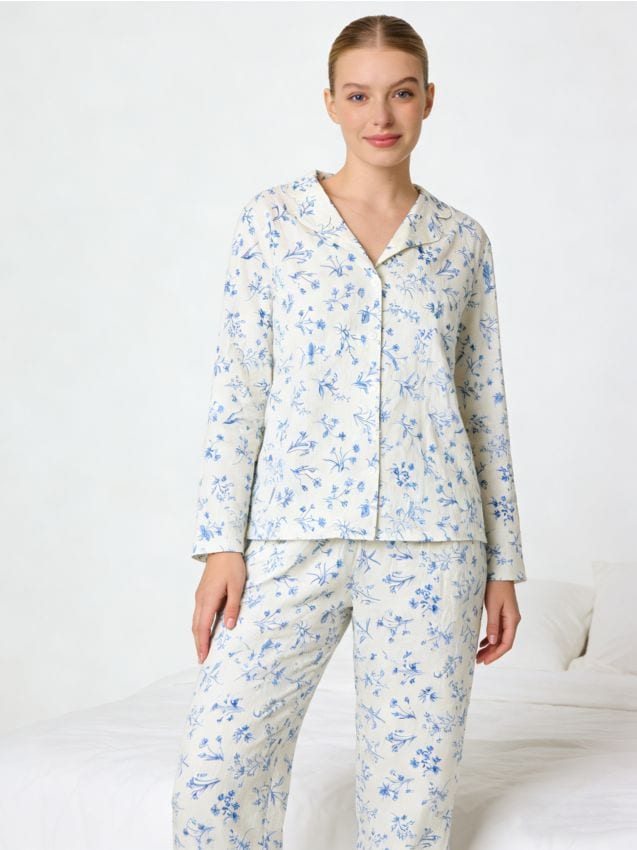 Sinsay - Pijama din două piese cu model floral - alb