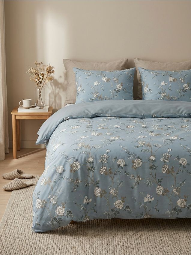 Sinsay - Set de lenjerie de pat reversibilă cu motiv floral - albastru metalizat