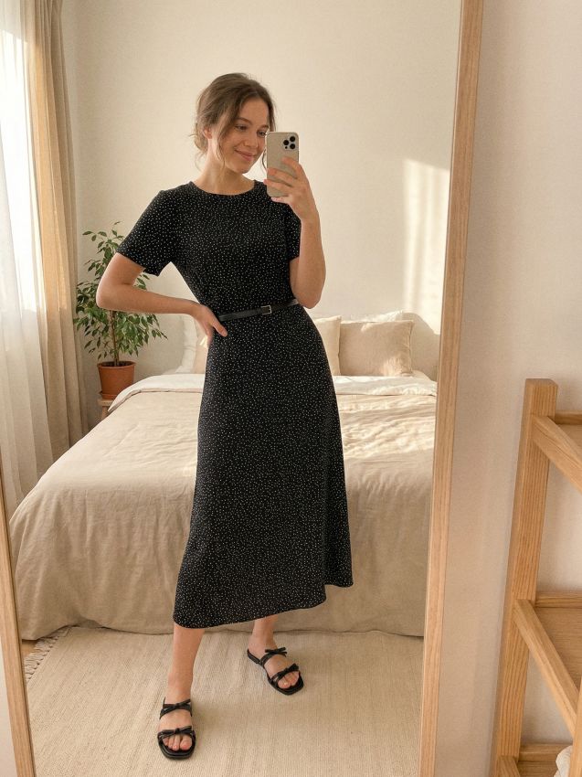 Sinsay - Wiskozowa sukienka midi z paskiem w groszki - wielobarwny