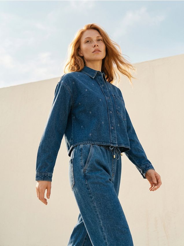 Sinsay - Cămașă din denim cu flori brodate - albastru