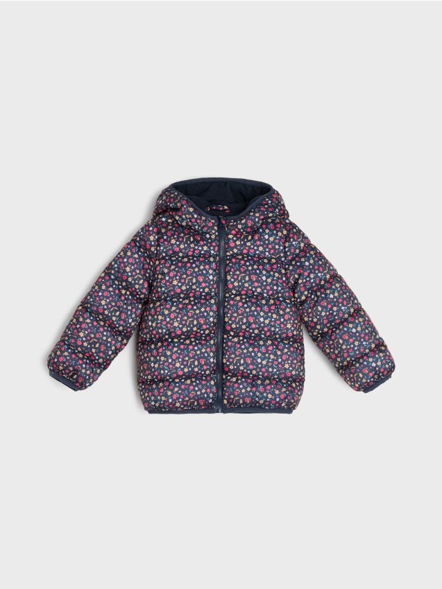 Sinsay - Pikowana kurtka puffer z kapturem z motywem kwiatowym - granatowy