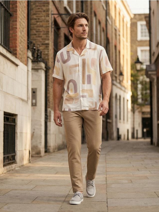 Sinsay - Cămașă din vâscoză cu imprimeu abstract - crem