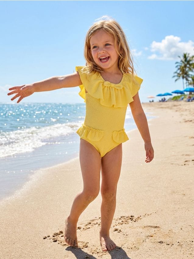 Sinsay - Costum de baie întreg cu volane - galben-deschis