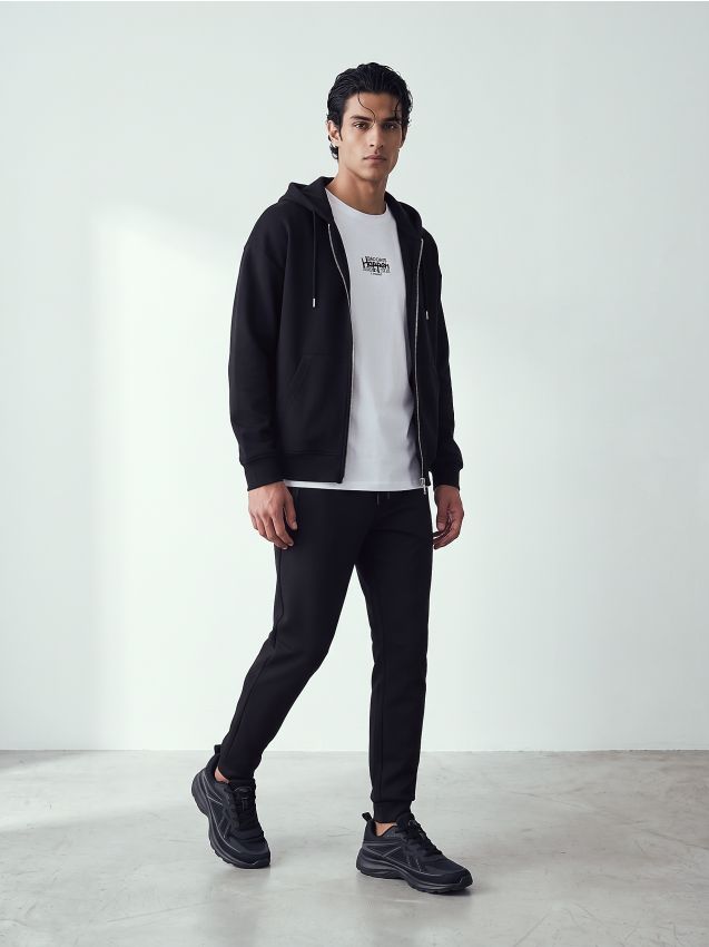 Sinsay - Hanorac comfort fit cu glugă și fermoar - negru