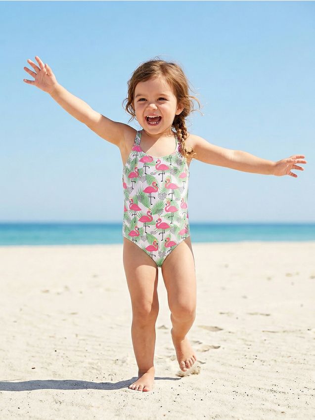 Sinsay - Costum de baie întreg cu motiv flamingo - verde-deschis