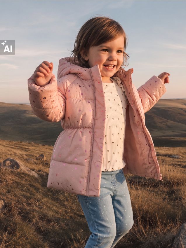Sinsay - Geacă puffer matlasată cu glugă și motiv cu inimi - roz-pastel