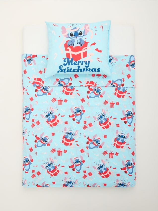 Sinsay - Set de lenjerie de pat pentru copii din bumbac cu motiv de Crăciun Stitch - albastru-pal