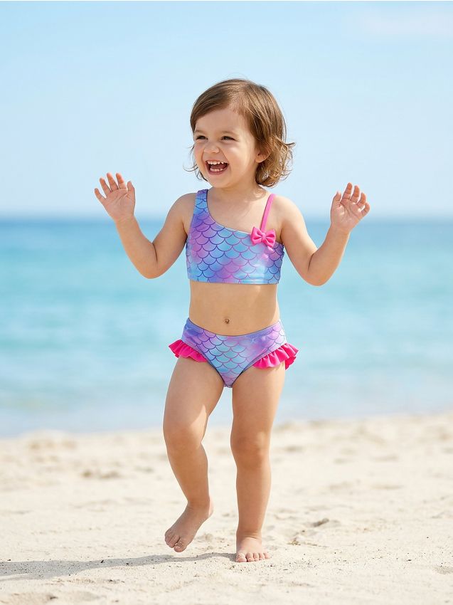 Sinsay - Costum de baie din două piese cu motiv de solzi de sirenă, cu volane și fundă - multicolor