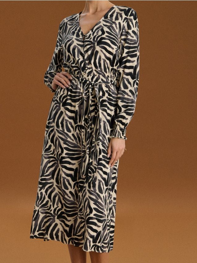 Sinsay - Rochie midi din vâscoză cu curea cu imprimeu vegetal - multicolor