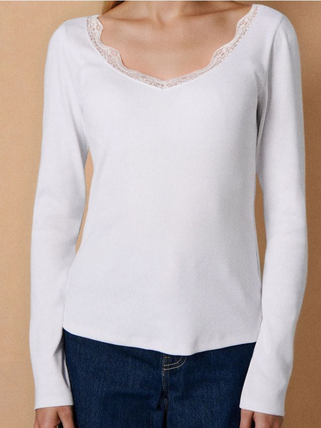 Sinsay - Tricou cu mânecă lungă - alb