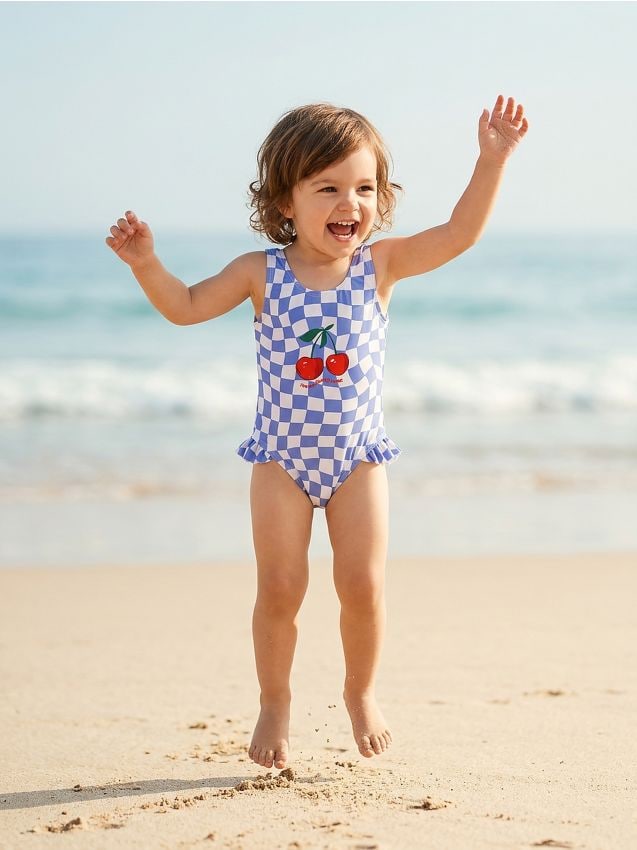 Sinsay - Costum de baie dintr-o piesă cu motiv de cireșe și volan - albastru-violet