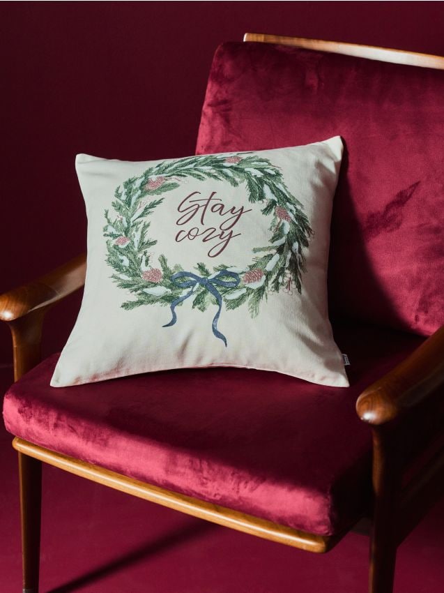 Sinsay - Fată de pernă decorativă din bumbac cu motiv de Crăciun - crem