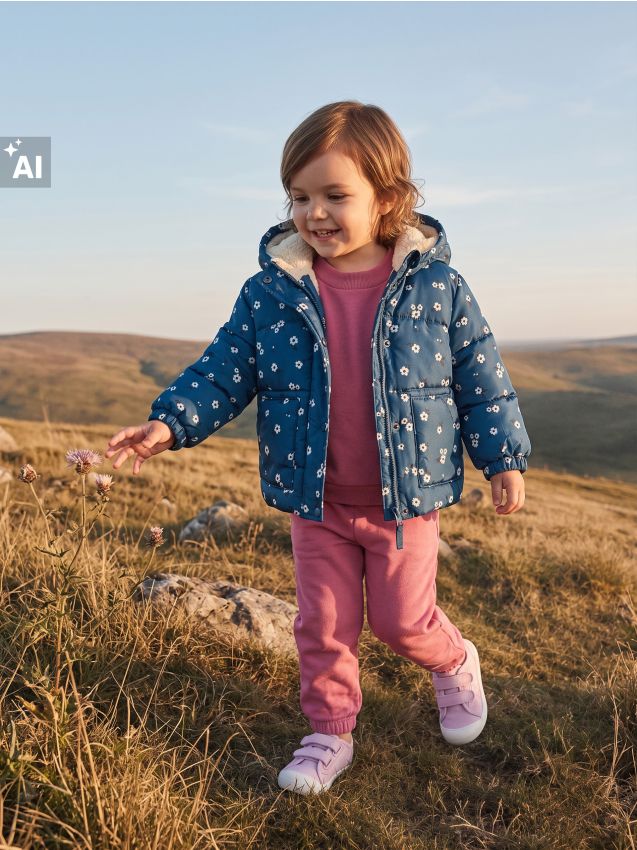 Sinsay - Geacă puffer matlasată cu glugă cu model floral - bleumarin