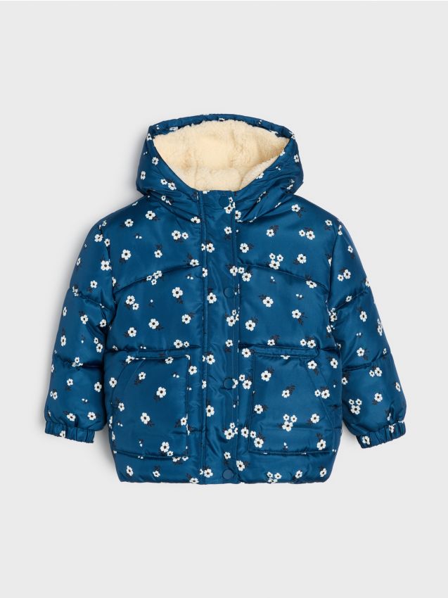 Sinsay - Geacă puffer matlasată cu glugă cu model floral - bleumarin