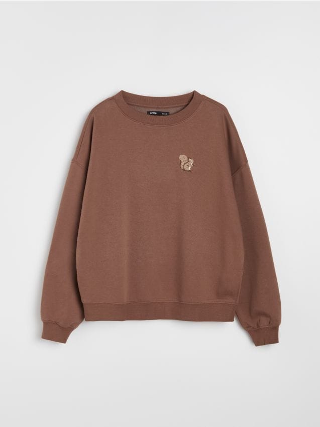 Sinsay - Bluza crewneck din bumbac cu aplicație decorativă - cafeniu