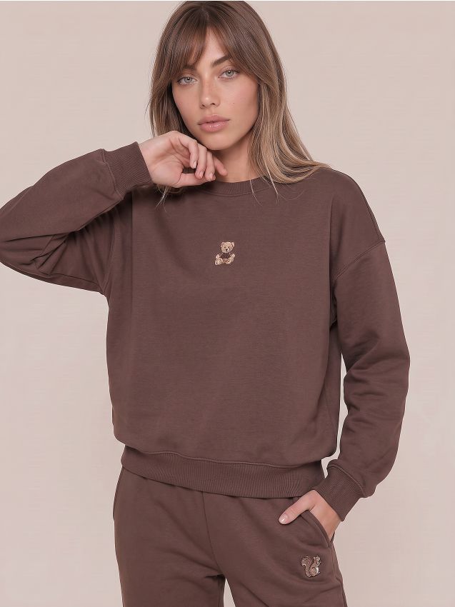 Sinsay - Bluză crewneck cu motiv ursuleț - maro