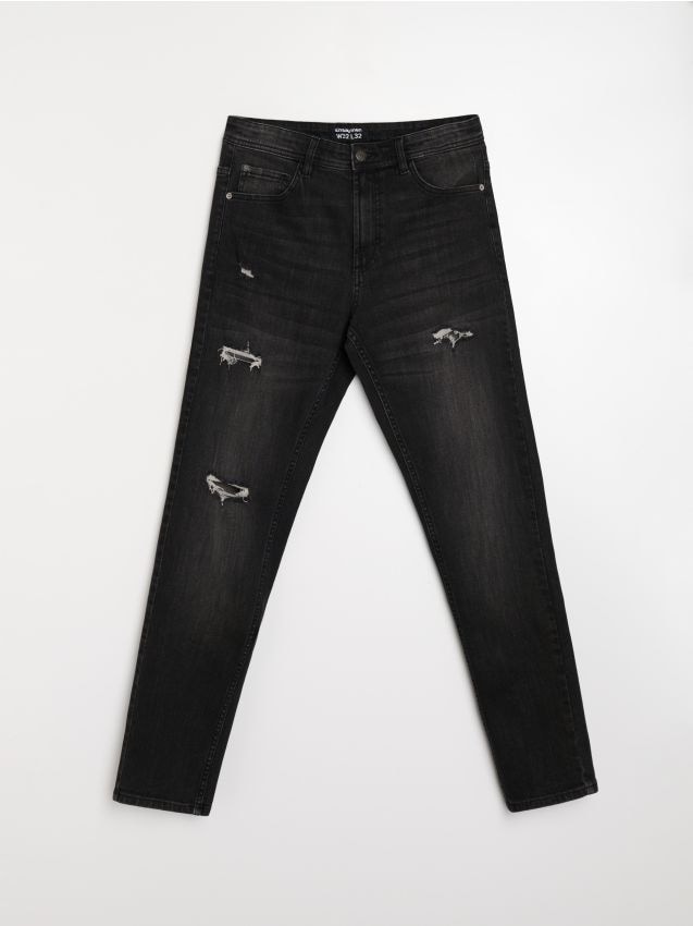 Sinsay - Jeansy slim z dziurami - czarny