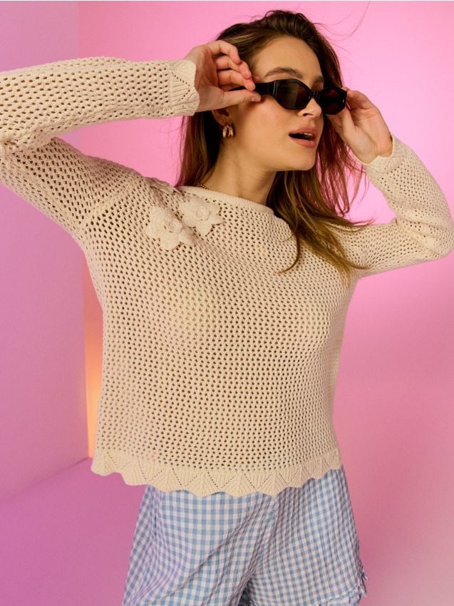 Sinsay - Pulover din bumbac cu dantelă și flori brodate - nude