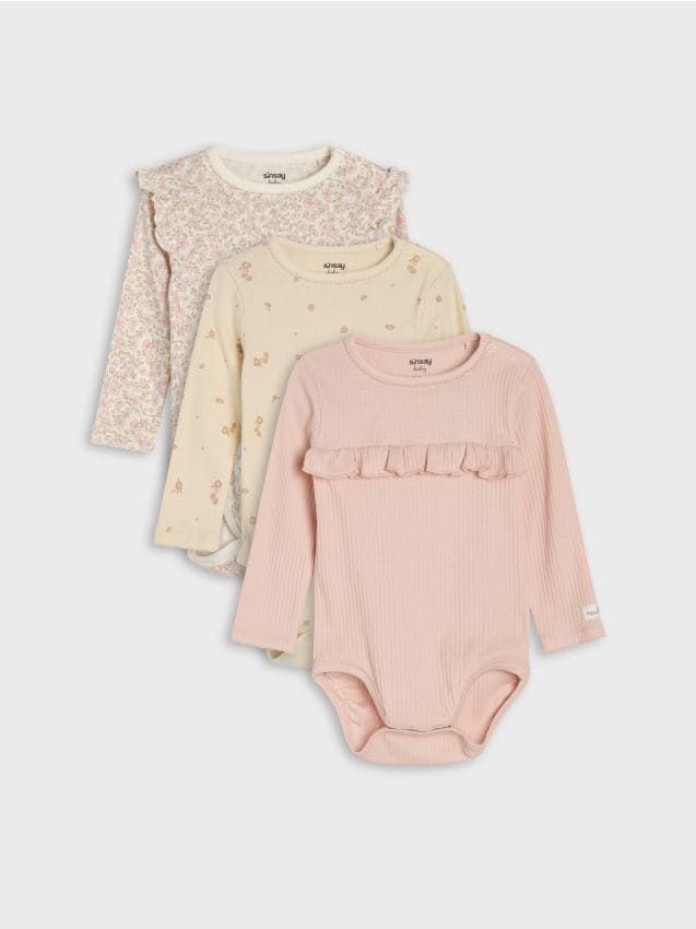 Sinsay - Body din bumbac cu motiv floral și volane 3 pack - roz
