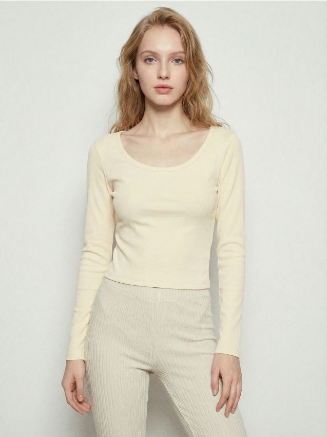 Sinsay - Bluză din bumbac cu mânecă lungă - galben-deschis