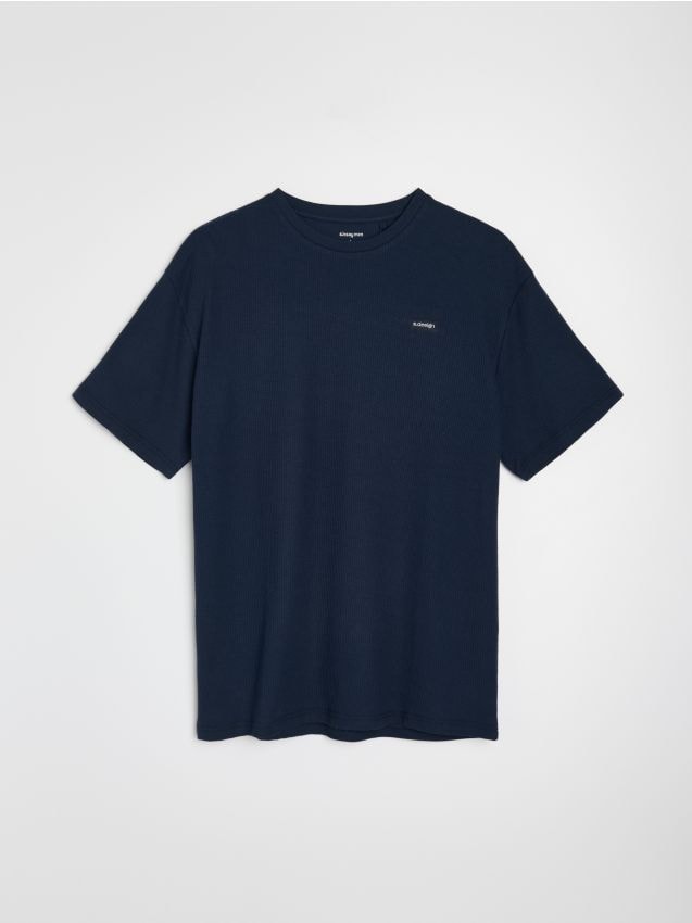 Sinsay - Tricou din bumbac comfort fit din tricot waffle - bleumarin