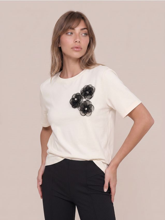 Sinsay - Tricou din bumbac cu aplicație 3D - crem