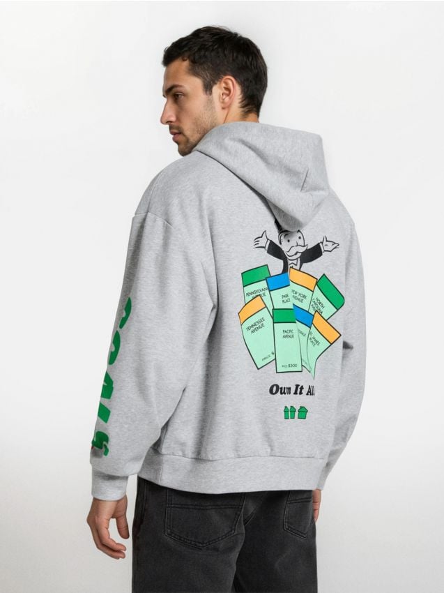 Sinsay - Bluza hoodie z nadrukiem Monopoly - szary