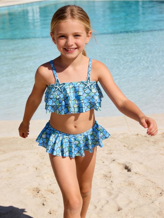 Sinsay - Costum de baie din două piese cu volane și motiv de sirenă - albastru metalizat