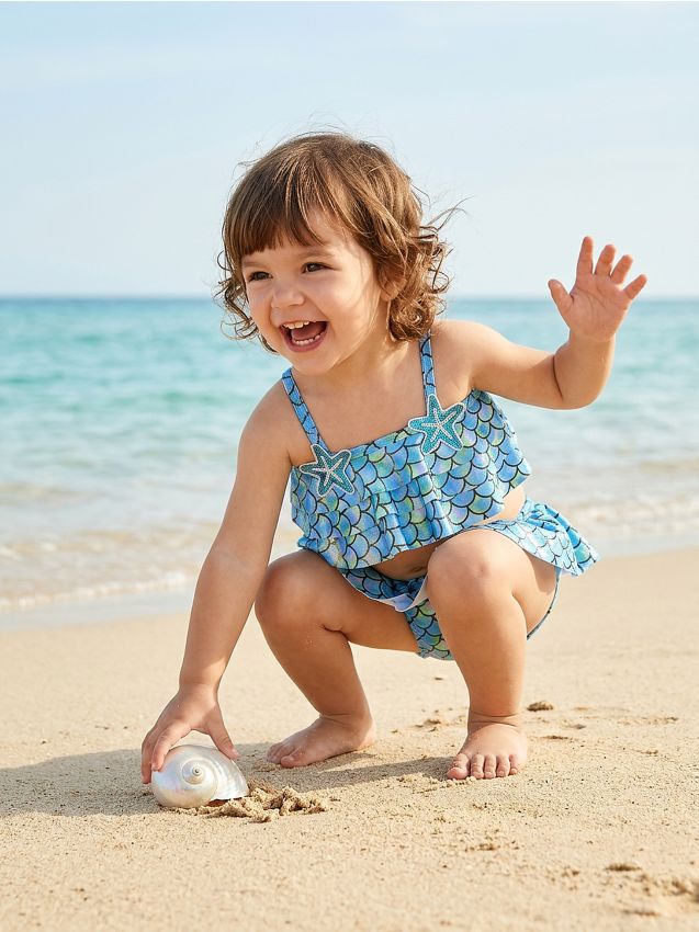 Sinsay - Costum de baie din două piese cu volane și motiv de sirenă - albastru metalizat