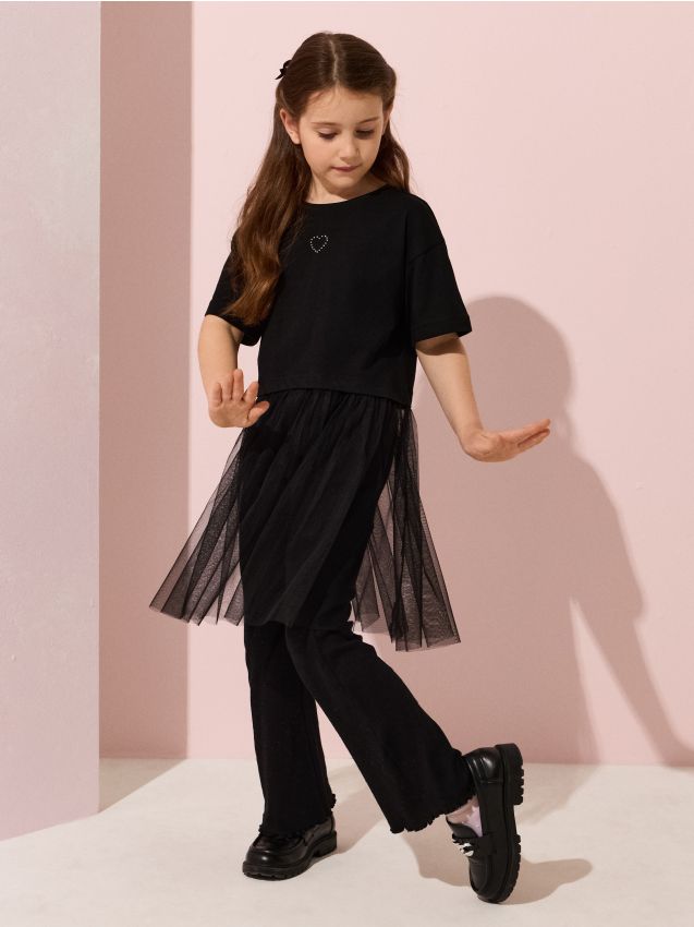 Sinsay - Tricou din Bumbac cu Margine de Tul - negru