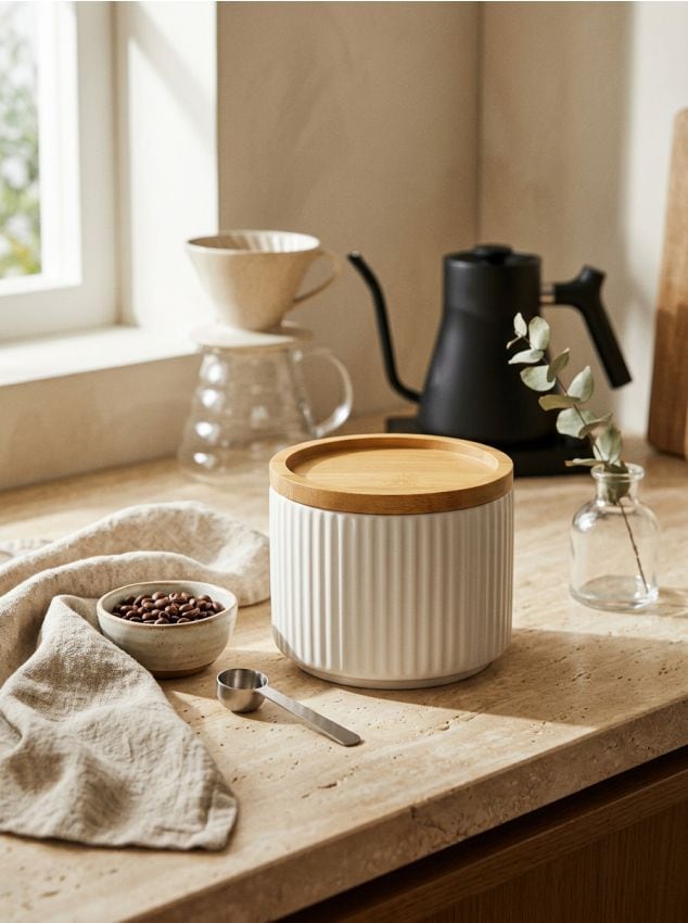 Sinsay - Recipient alimentar din ceramică striată cu capac din bambus - alb