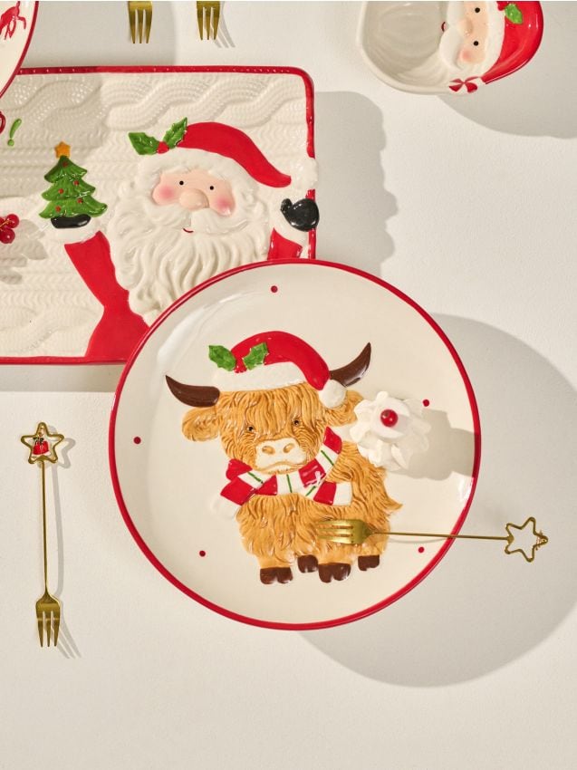 Sinsay - Keramický vianočný podnos s motívom jaka v čiapke Santa Clausa - viacfarebná